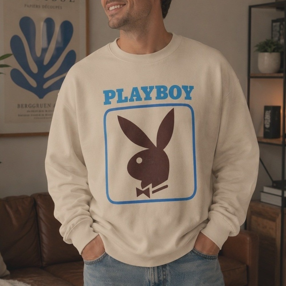 Playboy Tan Graphic Sweatshirt Mens Large Rabbit Head Logo Blue Brown Pullover